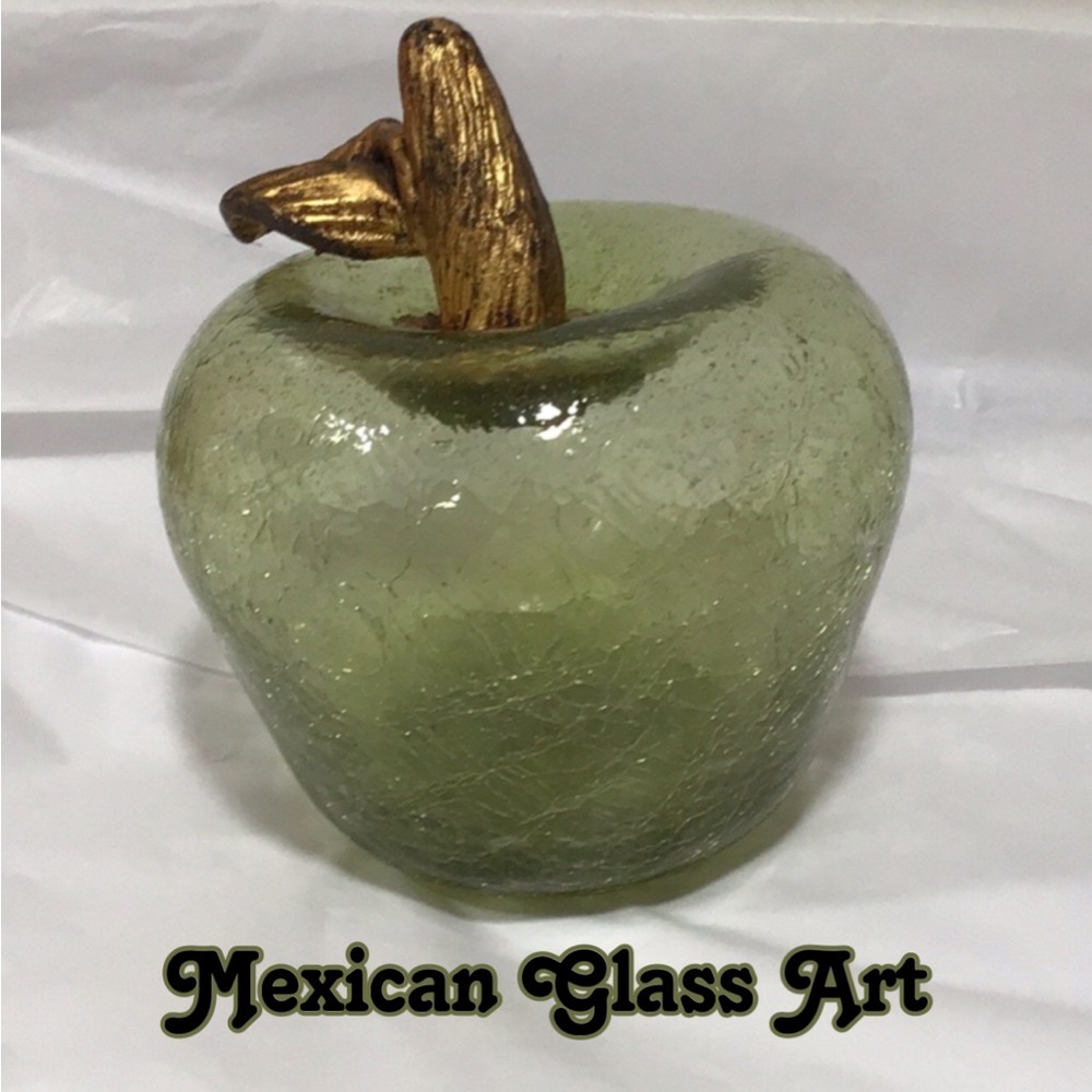 Large Green Crackle Handblown Apple Mexican Art, Gold Stem & Leaf, 6.5” Tall